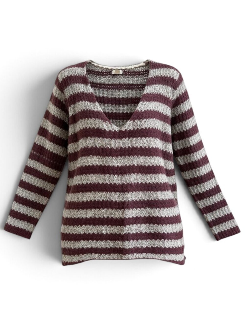 Hinge Over-sized Striped Sweater - Size Small - Burgandy/Grey